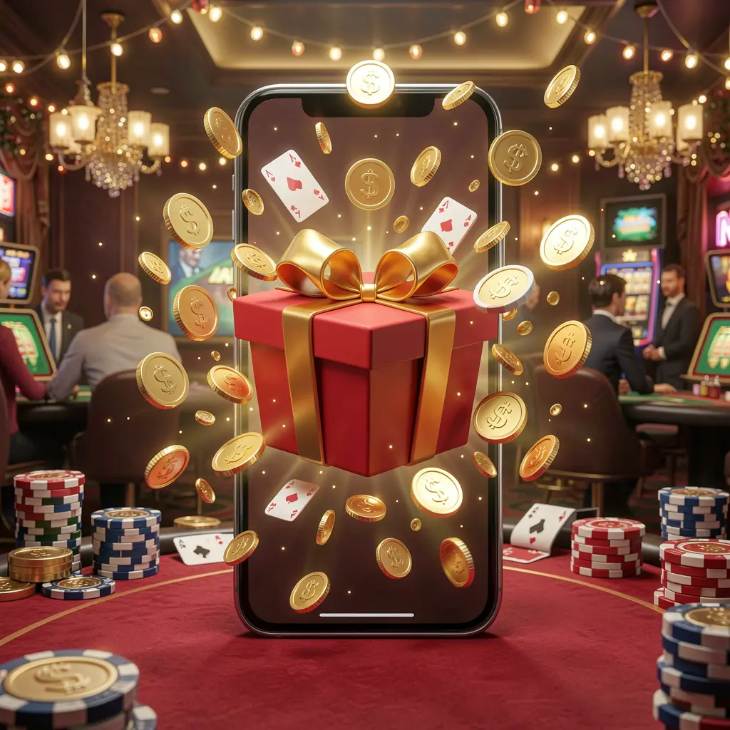 3U3U mobile casino bonus app concept showing a phone screen with a gift box and coins bursting out in a festive casino atmosphere 3U3U mobile casino bonus app concept showing a phone screen with a gift box and coins bursting out in a festive casino atmosphere