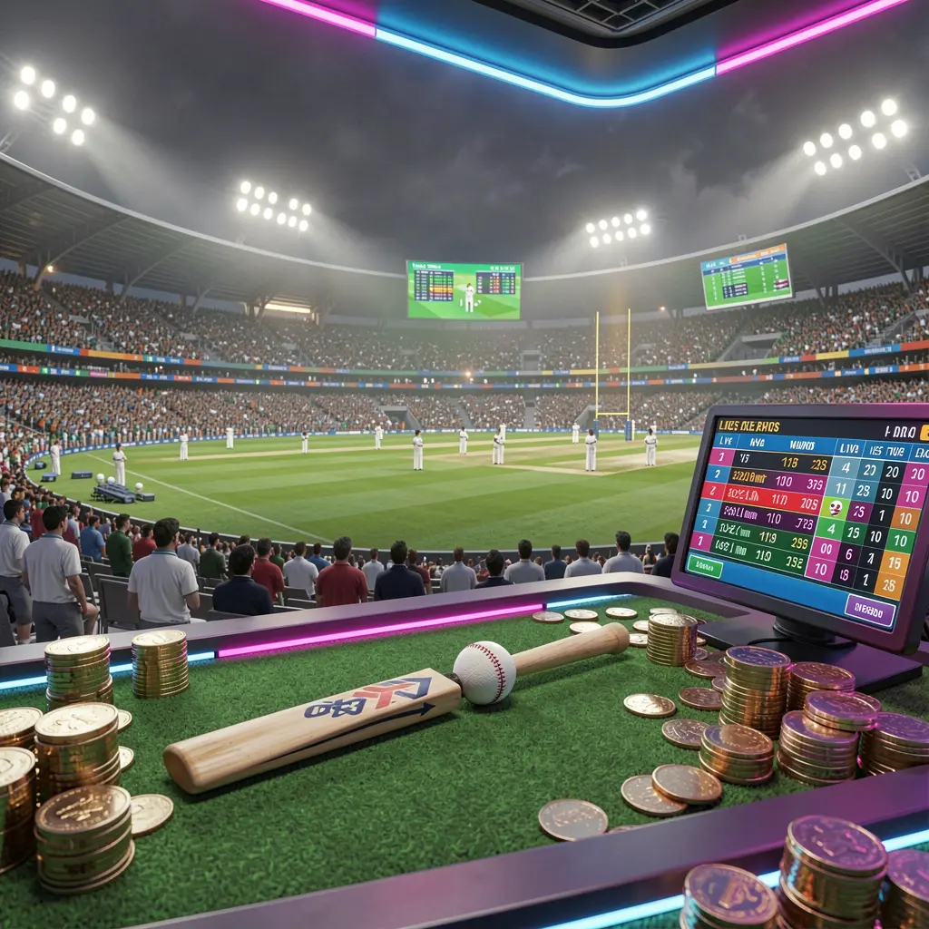 3U3U cricket sportsbook scene in a packed stadium with a green field, bat and ball, digital live odds panels, coins, and neon lighting in a cinematic 3D render 3U3U cricket sportsbook scene in a packed stadium with a green field, bat and ball, digital live odds panels, coins, and neon lighting in a cinematic 3D render