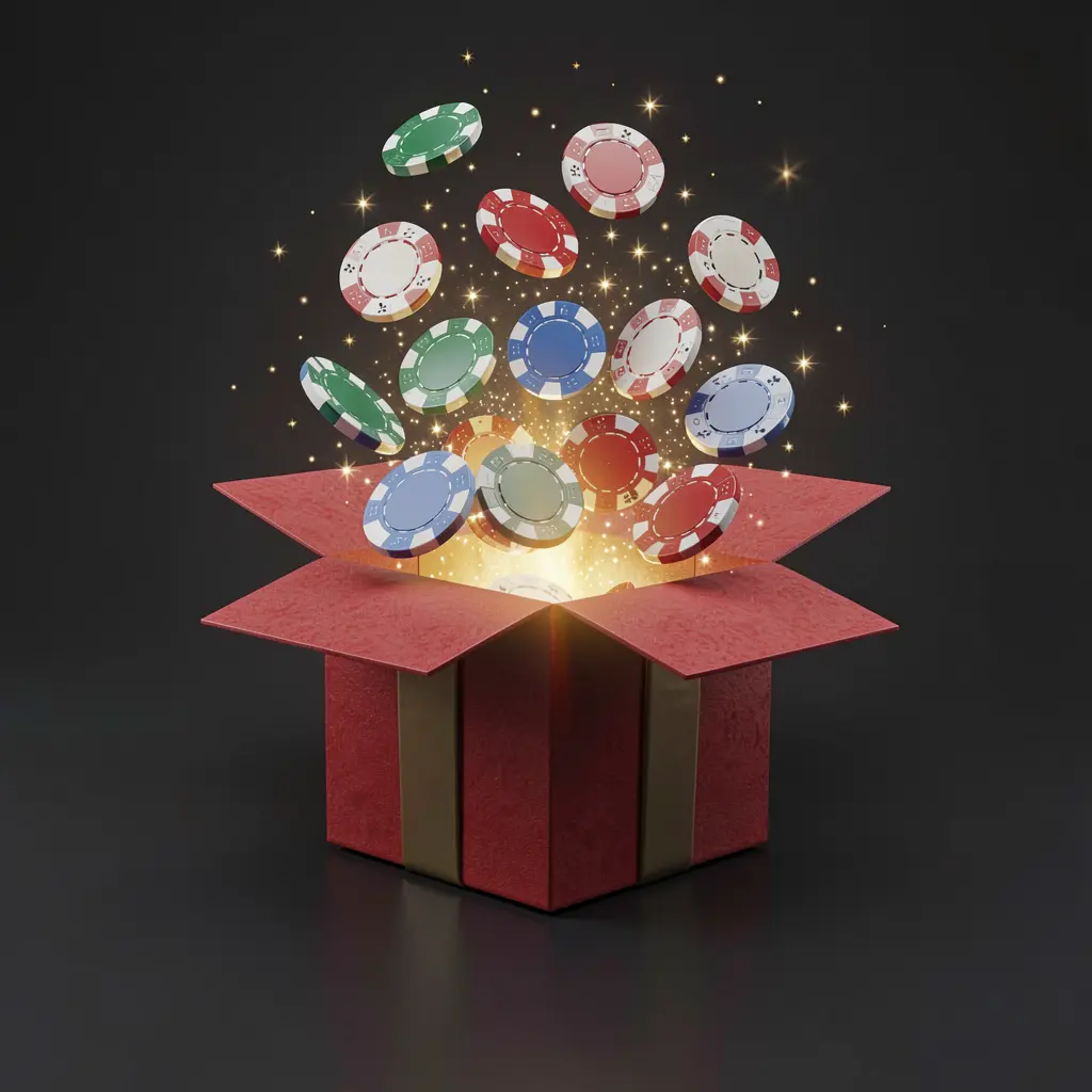 3U3U no deposit bonus visual showing free casino chips emerging from a glowing gift box with magical sparkles on a dark premium background in a realistic 3D render 3U3U no deposit bonus visual showing free casino chips emerging from a glowing gift box with magical sparkles on a dark premium background in a realistic 3D render