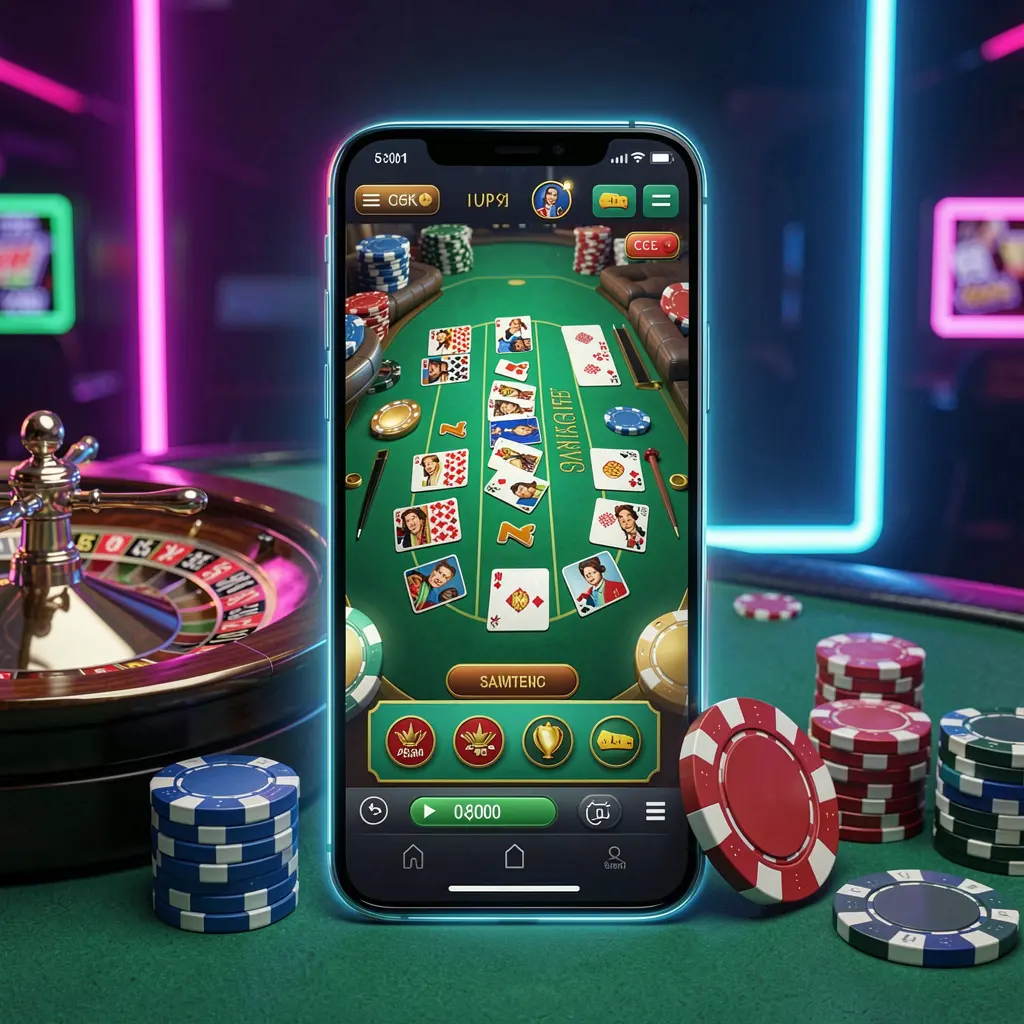 3U3U online casino platform concept showing a smartphone with a glowing casino interface, surrounded by a roulette wheel and poker chips on a premium neon background