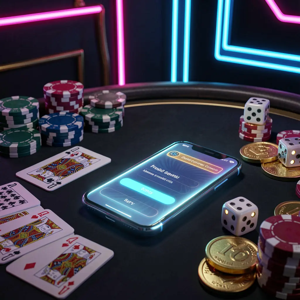 3U3U casino account sign in scene with glowing smartphone on casino table surrounded by cards, chips, dice, and gold coins, set against an elegant dark background with neon highlights in a realistic 3D render 3U3U casino account sign in scene with glowing smartphone on casino table surrounded by cards, chips, dice, and gold coins, set against an elegant dark background with neon highlights in a realistic 3D render