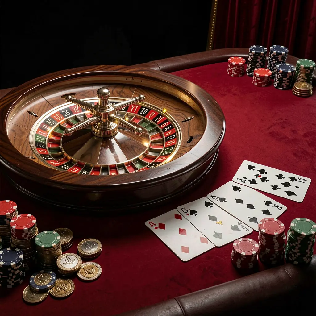 Elegant gaming table featuring roulette, blackjack cards, poker chips, and coins under luxury cinematic lighting with a black and red background, showcasing the 3U3U online casino platform.
